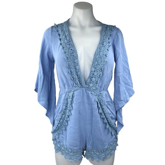 Kiss The Sky Blue Plunge V-Neck 3/4 Bell Sleeve Lace Crochet Jumpsuit Romper M - Picture 1 of 5